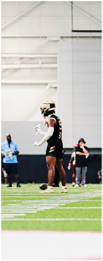 A football player running on the field. Description generated by AI
