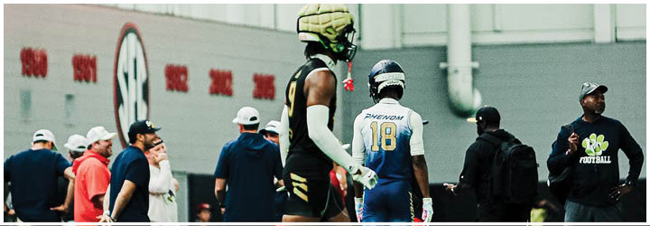 A group of football players on a field. Description generated by AI