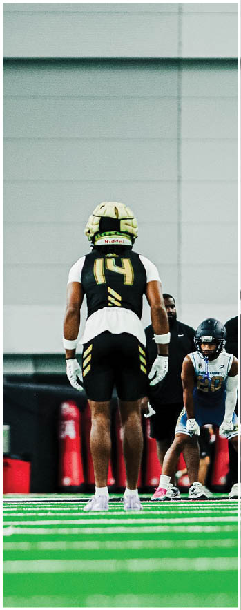 A football player running on the field. Description generated by AI