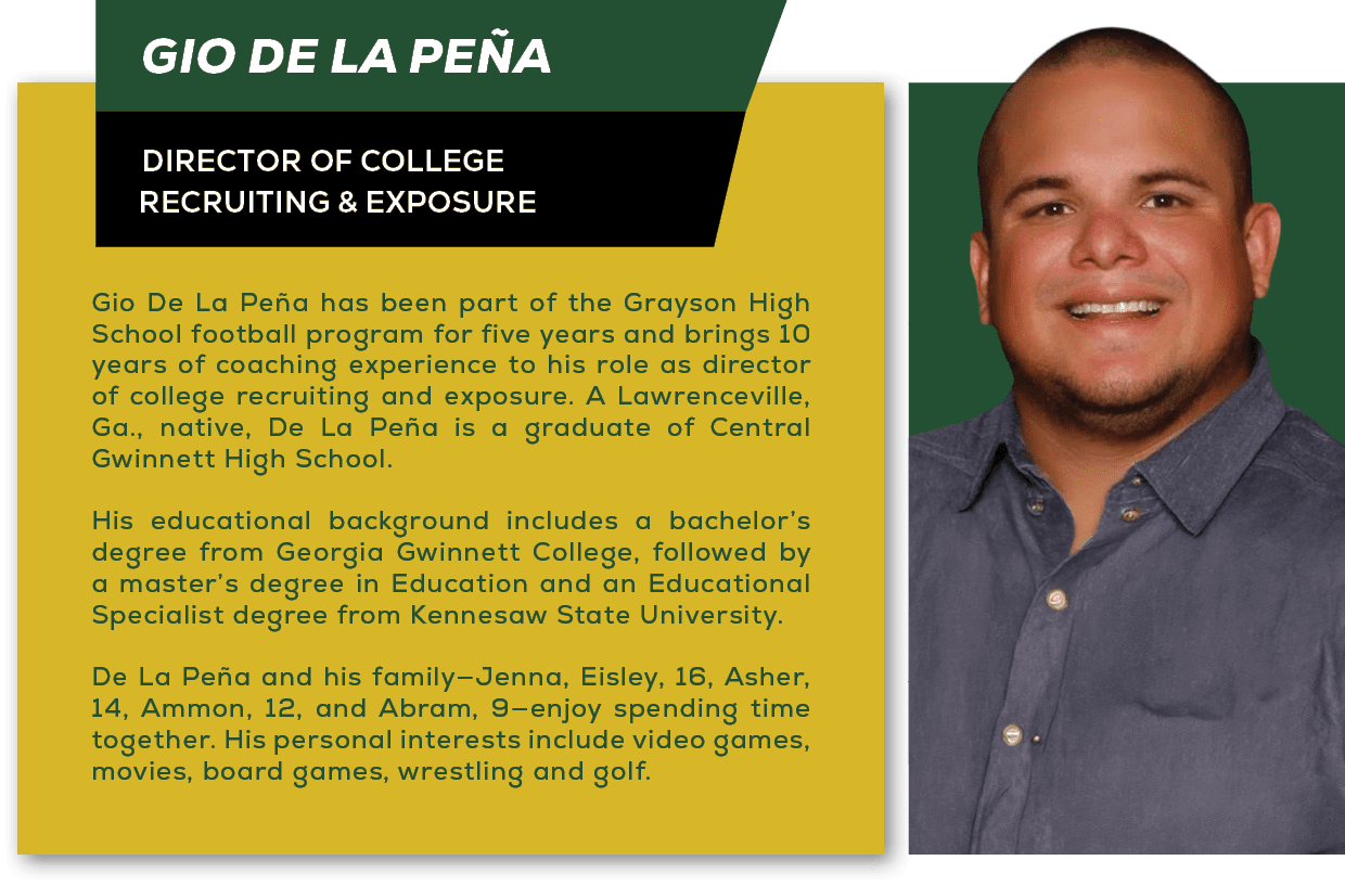 Gio De La Pe a has been part of the Grayson High School football program for five years and brings 10 years of coachi...