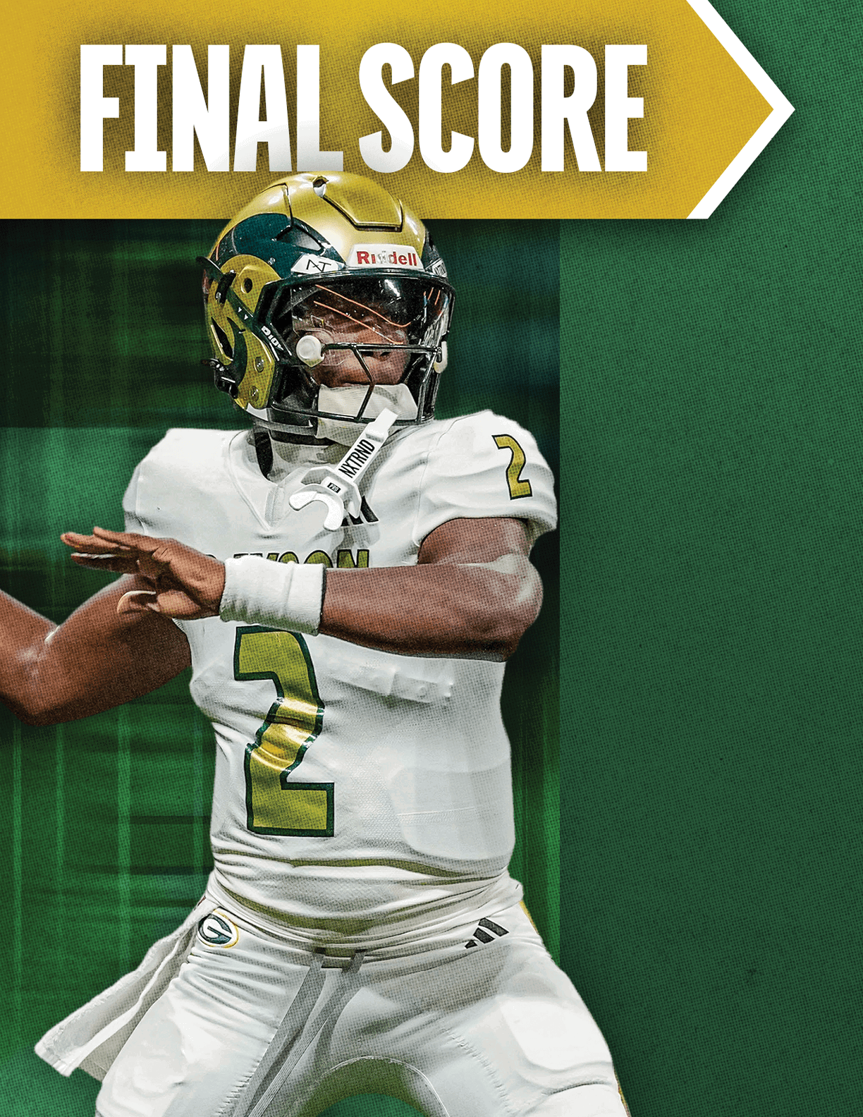 An adult wearing a white football uniform with the number 2 and a helmet is preparing to throw a football with a green background and a yellow banner reading “FINAL SCORE." Description generated by AI
