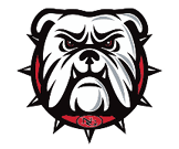 A stylized, fierce-looking bulldog head with a spiked collar in a bold black, white, and red color scheme. Description generated by AI