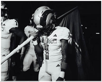 A person in a football uniform and helmet is holding a flagpole with a flag while standing with other similarly dressed people in a dimly lit setting. Description generated by AI