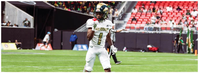 A person in a white sports uniform with the number 7 is standing on a football field holding a football, with stadium seating and other people visible in the background. Description generated by AI