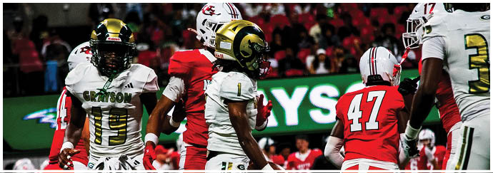 People wearing red and white football uniforms are standing on a green field during a game. Description generated by AI