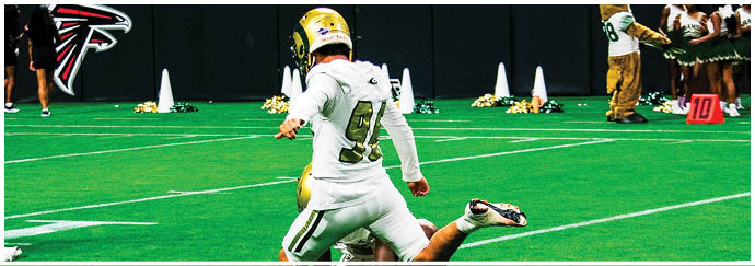 Two people in football uniforms are engaged in a play on a green field with one person tackling the other. Description generated by AI