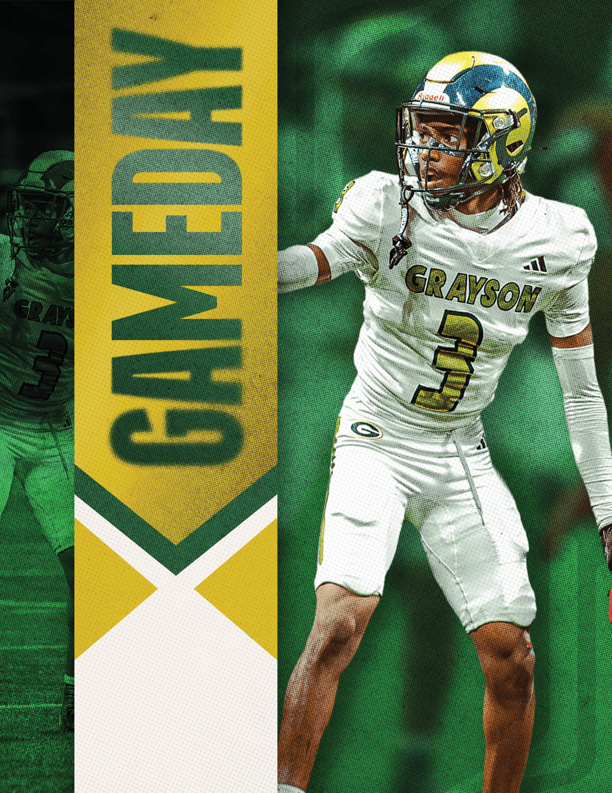 A person in a white football uniform with the name Grayson and number 3 is standing on a field next to a vertical banner that says GAMEDAY in bold letters. Description generated by AI