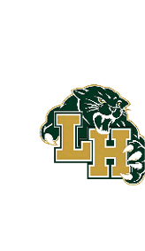 A fierce black panther with sharp claws and teeth is positioned behind large gold letters “LH" outlined in green and white. Description generated by AI