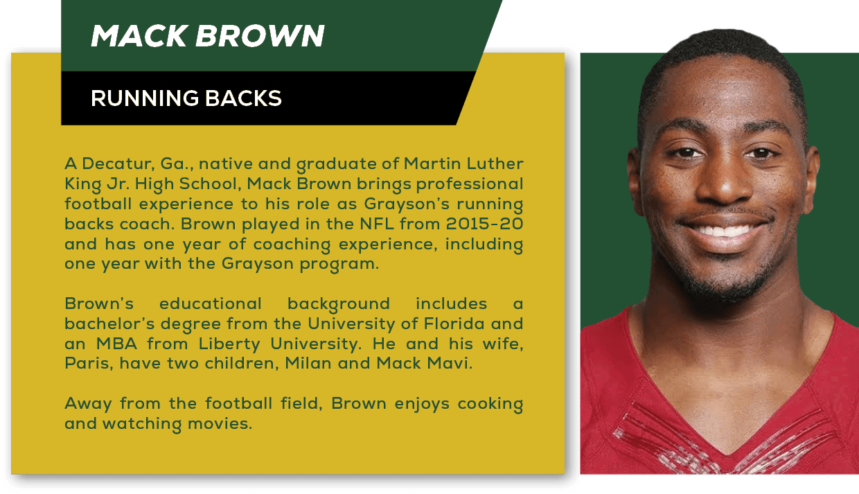 A Decatur, Ga., native and graduate of Martin Luther King Jr. High School, Mack Brown brings professional football ex...