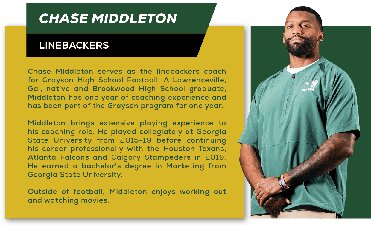 Chase Middleton serves as the linebackers coach for Grayson High School Football. A Lawrenceville, Ga., native and Br...