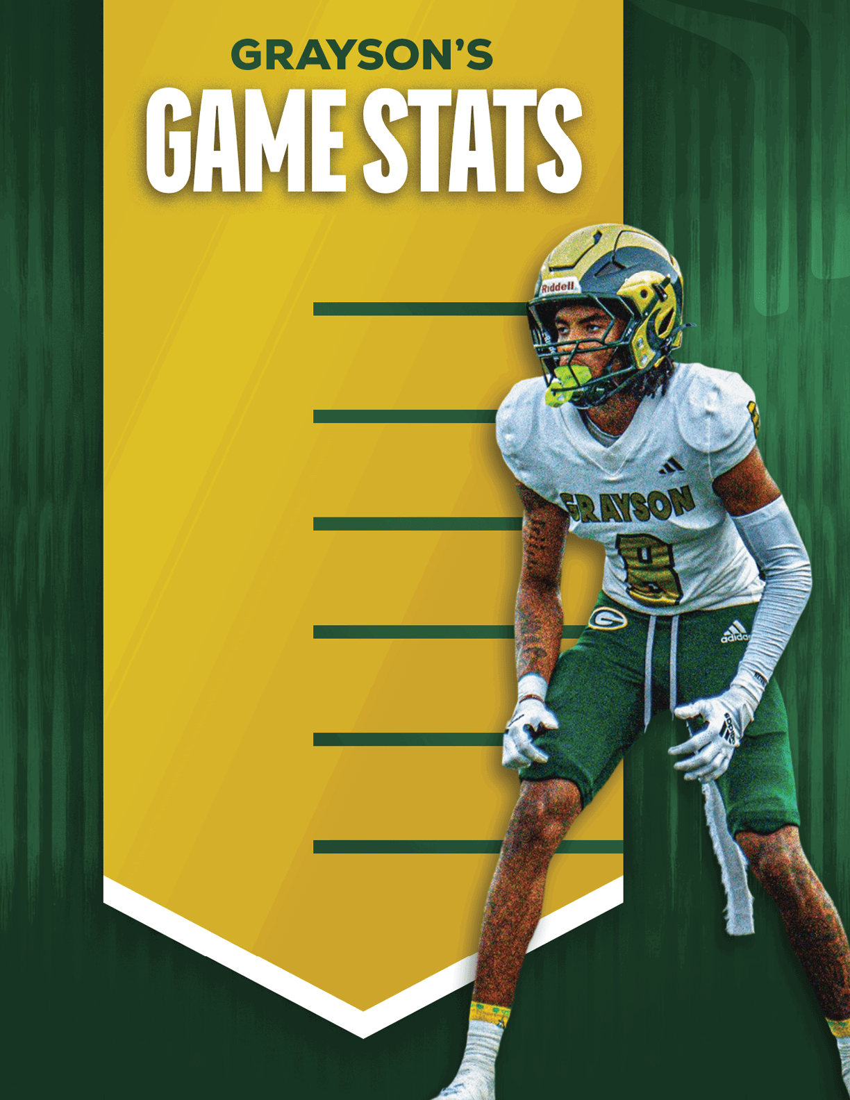 An adult wearing a football uniform and helmet stands in a ready position next to a yellow banner with the text “Grayson's Game Stats" on a green background. Description generated by AI
