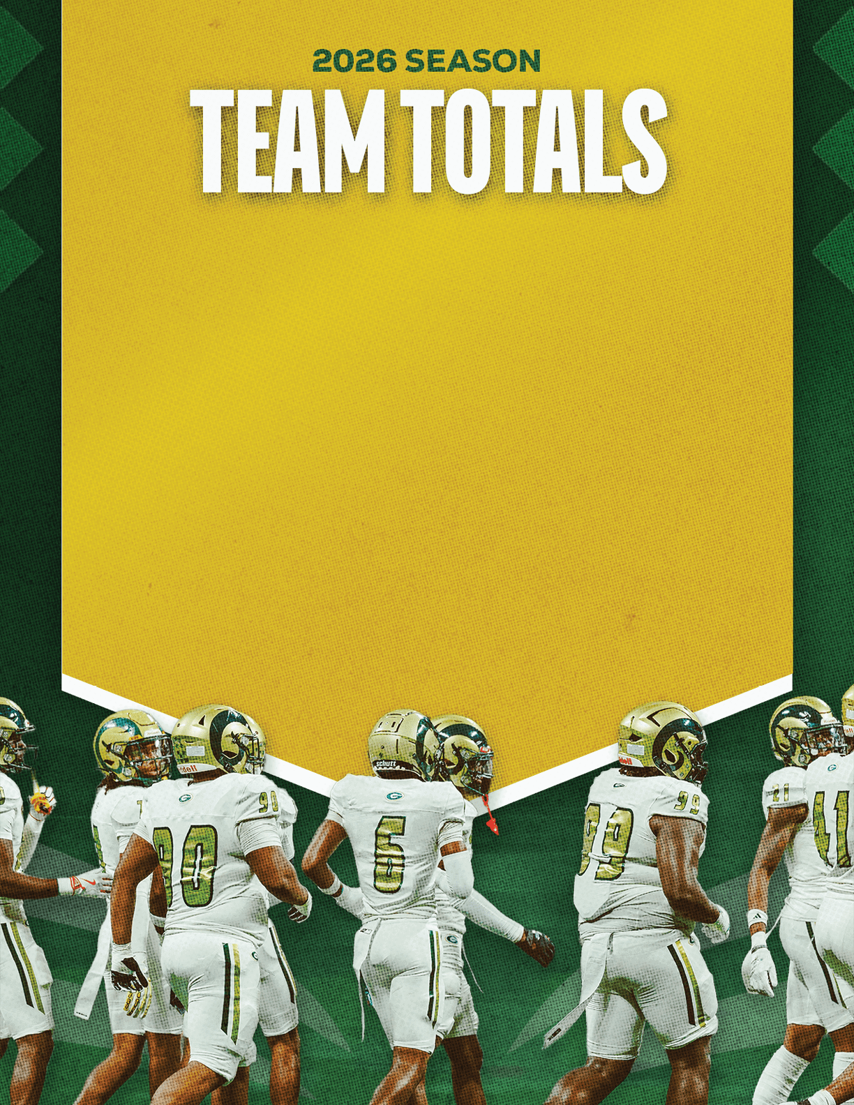 A group of people in white sports uniforms with helmets are standing together on a green and yellow background with the text 2026 season team totals above them. Description generated by AI