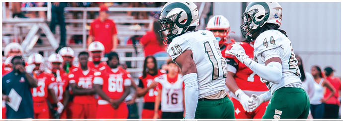 Two football players in white and green uniforms are on the field with a crowd of people in the background. Description generated by AI