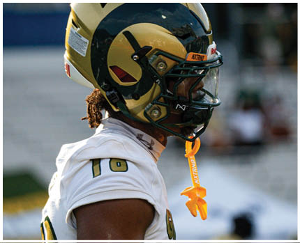 A person wearing a gold and dark green football helmet and a white jersey with the number 18 is looking to the right on a blurred outdoor field. Description generated by AI