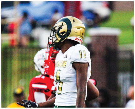 A person wearing a white football uniform with the number 11 and a gold helmet with a dark green ram horn design is standing on a field with another person in a red and white uniform partially visible behind them. Description generated by AI