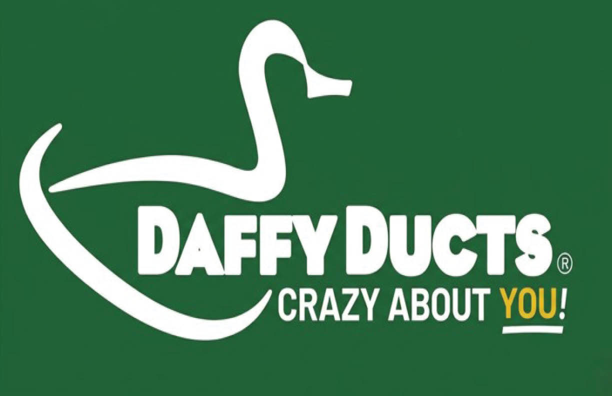 A green background with a white stylized duck shape and the text “DAFFY DUCTS CRAZY ABOUT YOU!" with "YOU!" highlighted in yellow. Description generated by AI