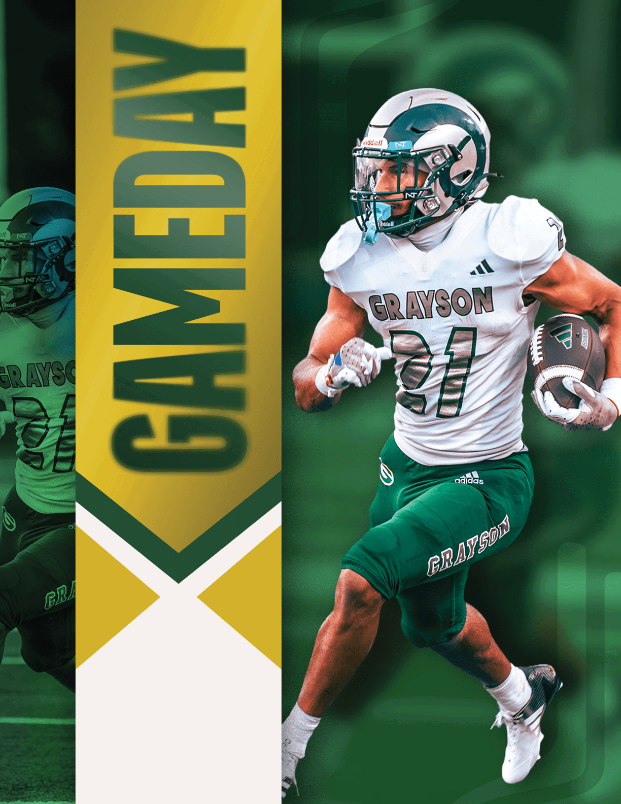 A person in a football uniform with the name Grayson and number 31 is running with a football on a green background with a vertical banner that says GAMEDAY. Description generated by AI