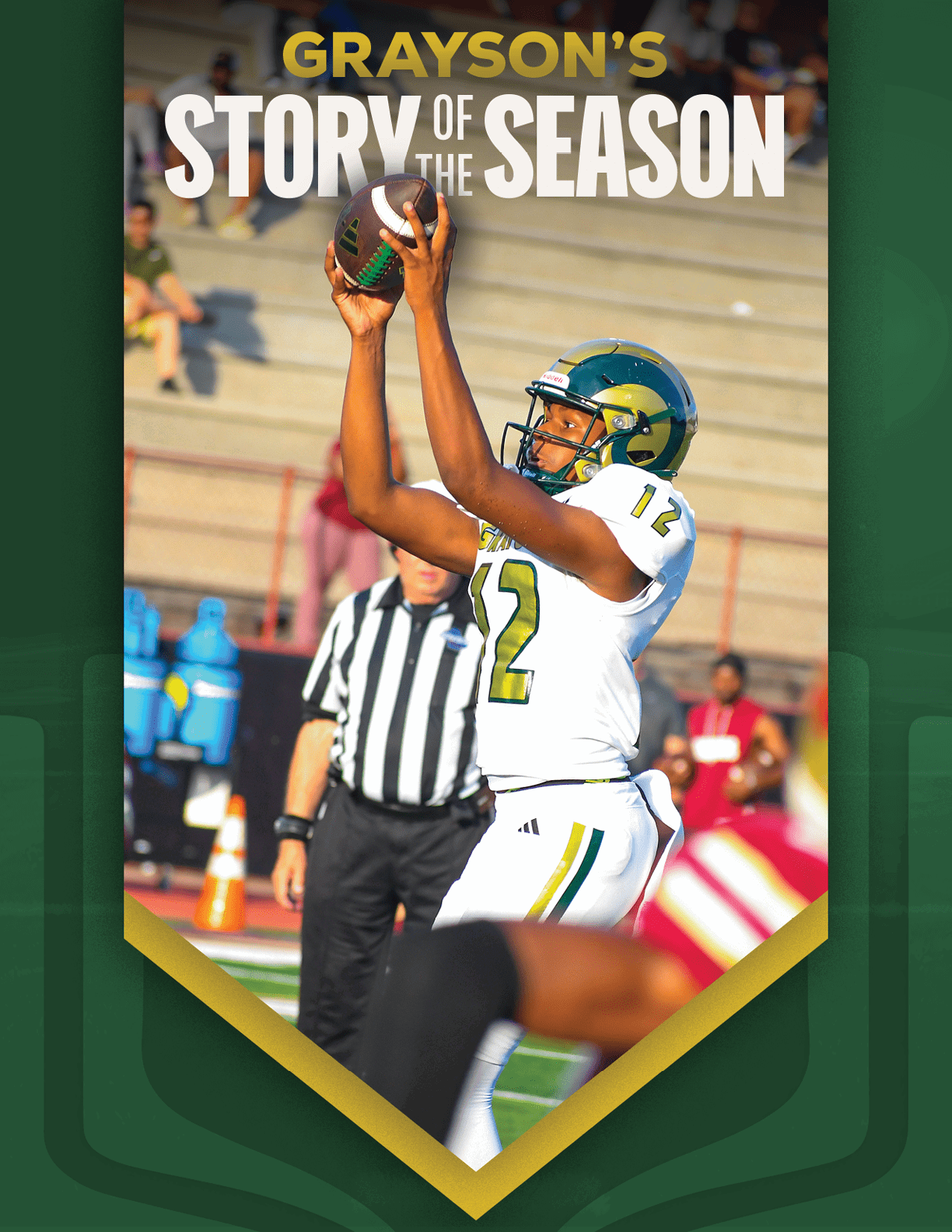 An adult wearing a white football uniform with the number 12 is catching a football on a field with a referee and spectators in the background, framed by a green and gold banner with the text “Grayson's Story of the Season." Description generated by AI