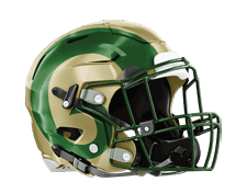 A gold football helmet with a green ram horn design and a green faceguard. Description generated by AI