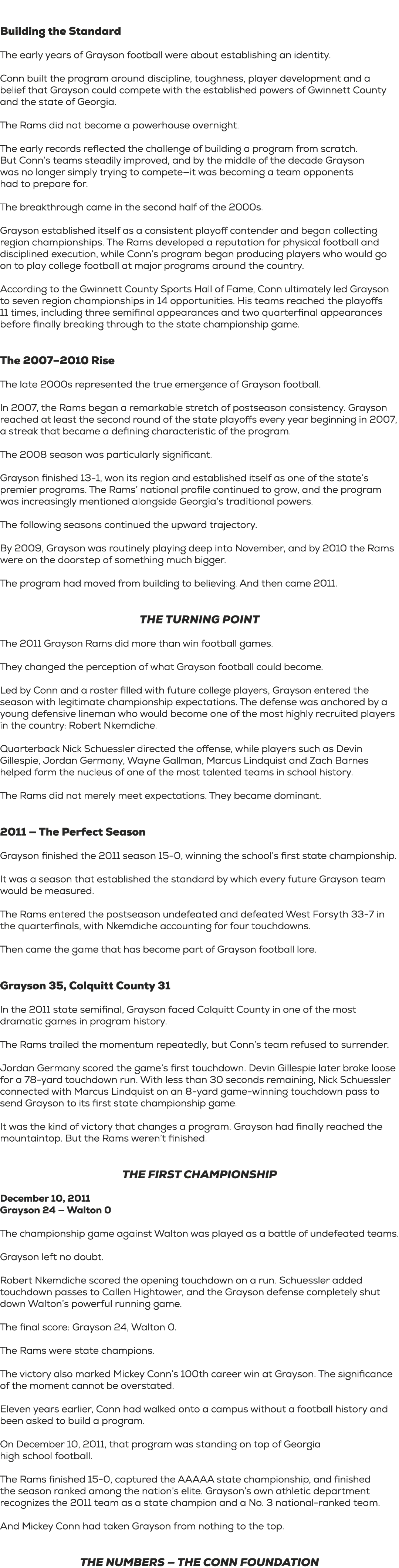  Building the Standard The early years of Grayson football were about establishing an identity. Conn built the progra...