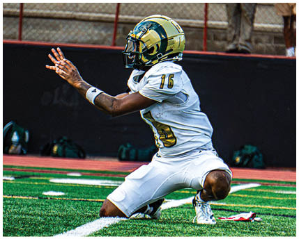 A person wearing a white football uniform with a gold and black helmet is kneeling on a green football field with arms extended forward. Description generated by AI