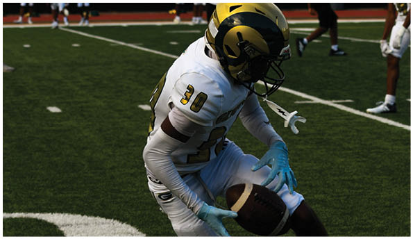 A person wearing a white football uniform and gold helmet is catching a football on a green field during a game. Description generated by AI