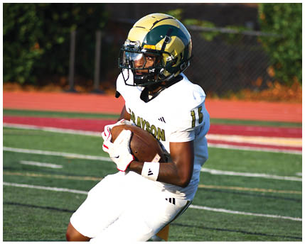 A person wearing a white football uniform and a green and gold helmet is running on a field while holding a football. Description generated by AI