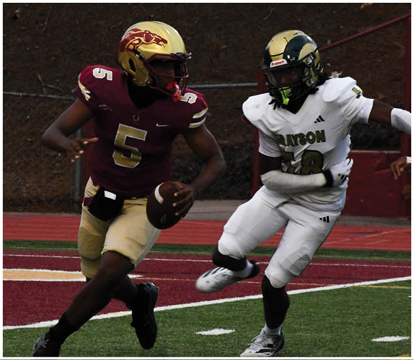 Two people in football uniforms are on a field with one person holding a football and preparing to run while the other person is in pursuit. Description generated by AI