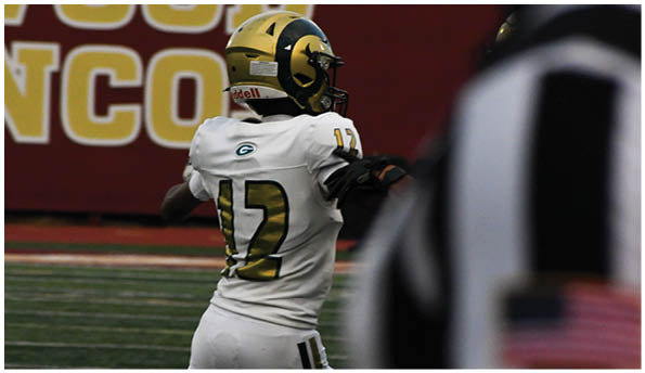 A person wearing a white football uniform with the number 17 and a gold helmet is preparing to throw a football on a field with a blurred referee in the foreground. Description generated by AI