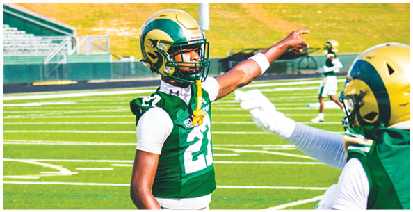 Two people wearing green and gold football uniforms and helmets are on a football field with one person pointing while the other reaches out. Description generated by AI