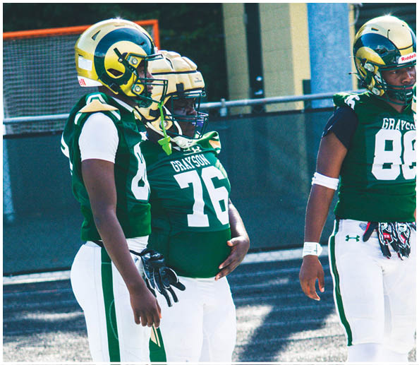 Three people wearing green and white football uniforms stand on a field with artificial turf and white markings. Description generated by AI