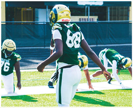 People wearing green and white football uniforms and helmets are on a field, with one person standing in the foreground and others kneeling or crouching in the background. Description generated by AI