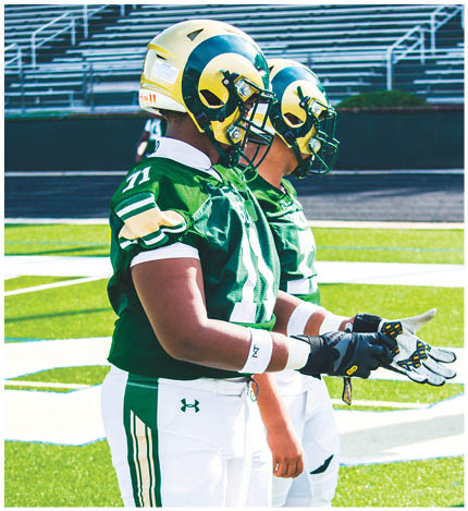 Two people in green and white football uniforms and helmets stand on a field with artificial turf. Description generated by AI