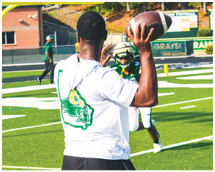 A person wearing a white shirt with a green and yellow logo and black shorts is standing on a green sports field with white and blue lines. Description generated by AI