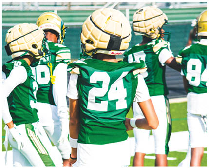 A person wearing a green and white football uniform with the number 24 on the back stands on a field with other players in similar uniforms. Description generated by AI