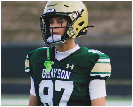 A person wearing a green football jersey with the number 87 and a gold helmet stands on a field. Description generated by AI