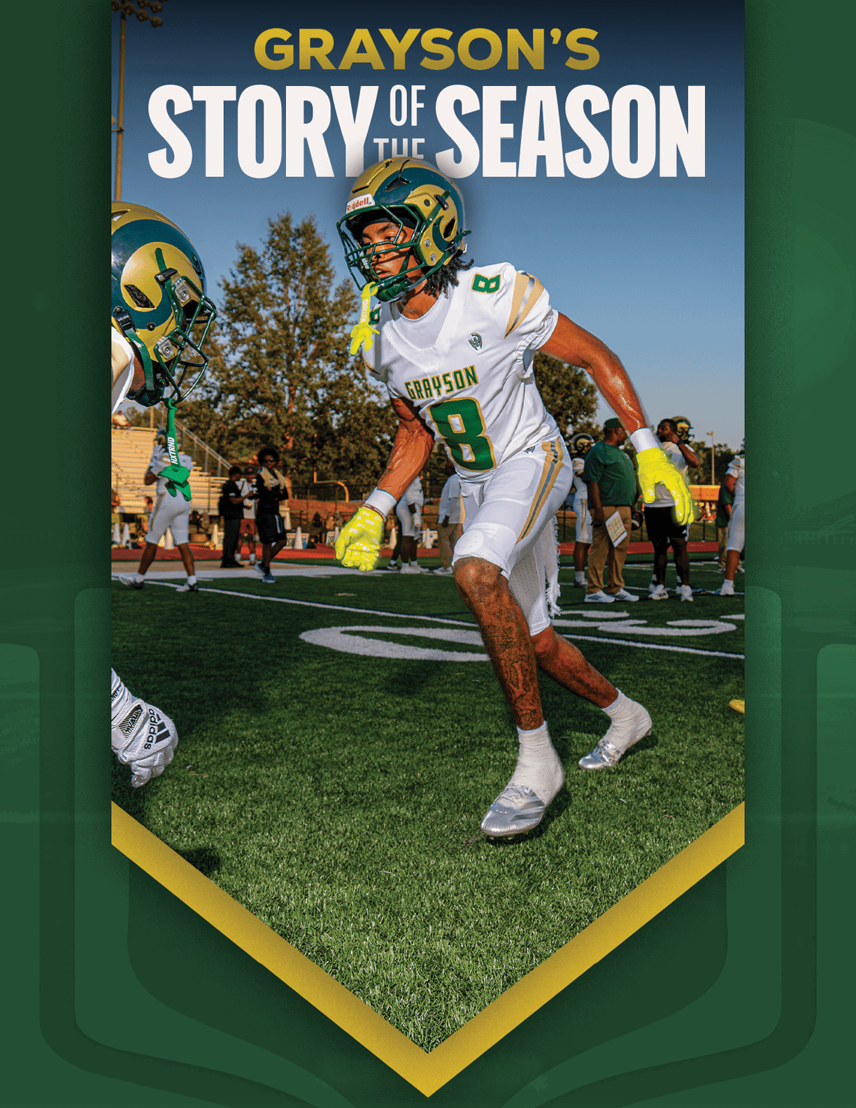 An adult wearing a white football uniform with the number 12 is catching a football on a field with a referee and spectators in the background, framed by a green and gold banner with the text “Grayson's Story of the Season." Description generated by AI