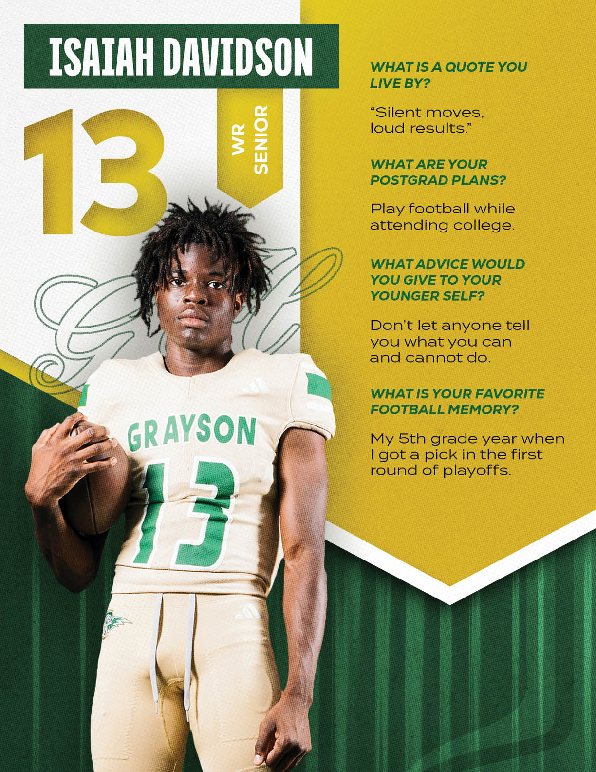 A person wearing a football uniform with the number 13 and holding a football stands next to text sharing their name Isaiah Davidson, position WR Senior, and quotes about their favorite football memory, advice to younger self, and postgrad plans. Description generated by AI