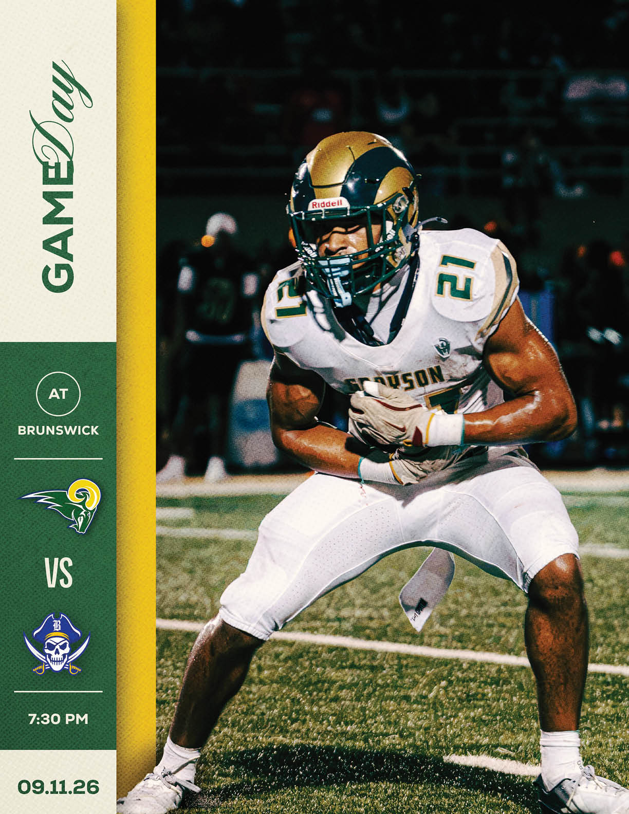 A football player in a white and gold uniform is crouched in a ready stance on a field at night with a game day graphic showing a matchup between two teams and the date and time of the game. Description generated by AI