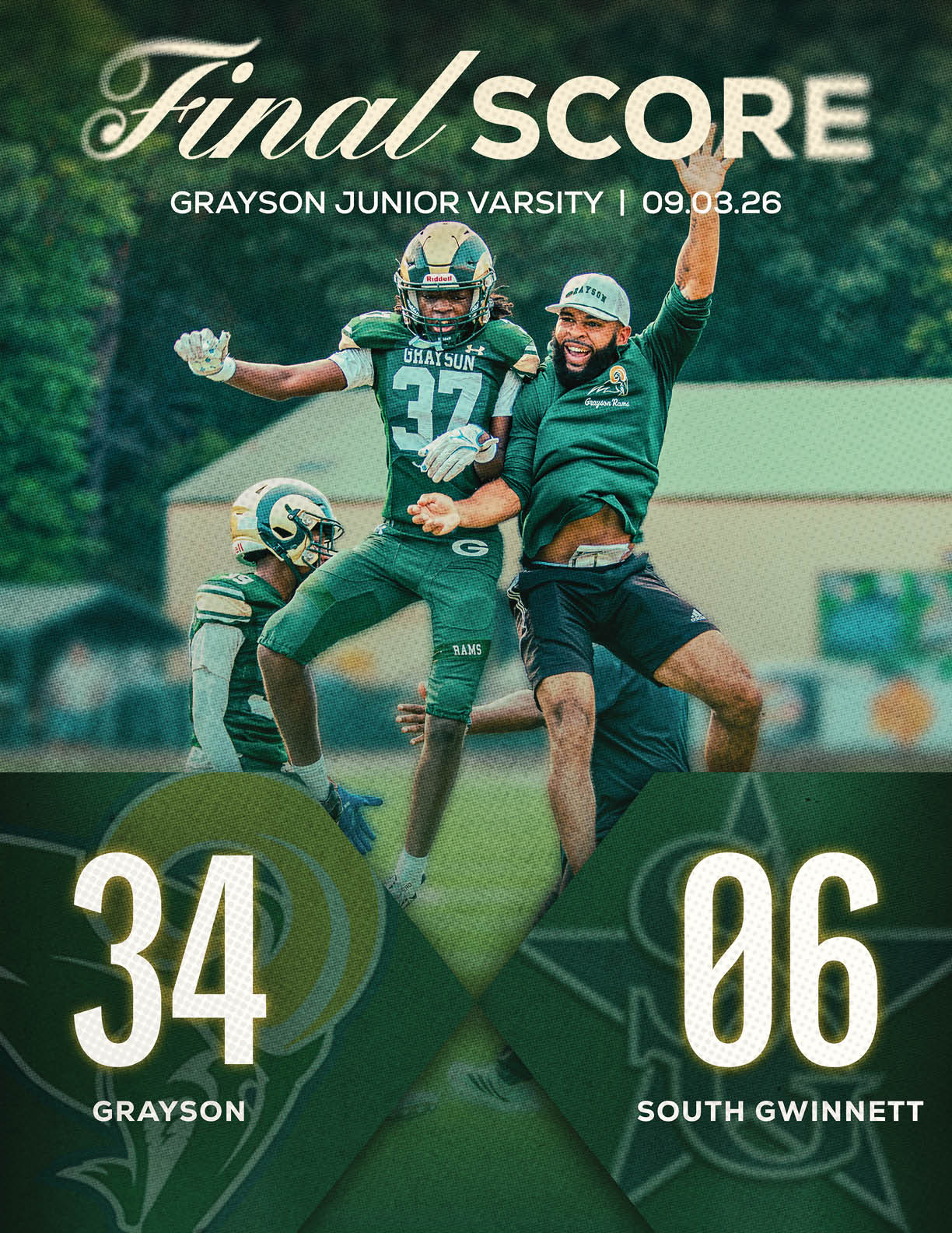 Two people in green sports uniforms celebrate energetically on a field with a scoreboard showing Grayson defeating South Gwinnett. Description generated by AI