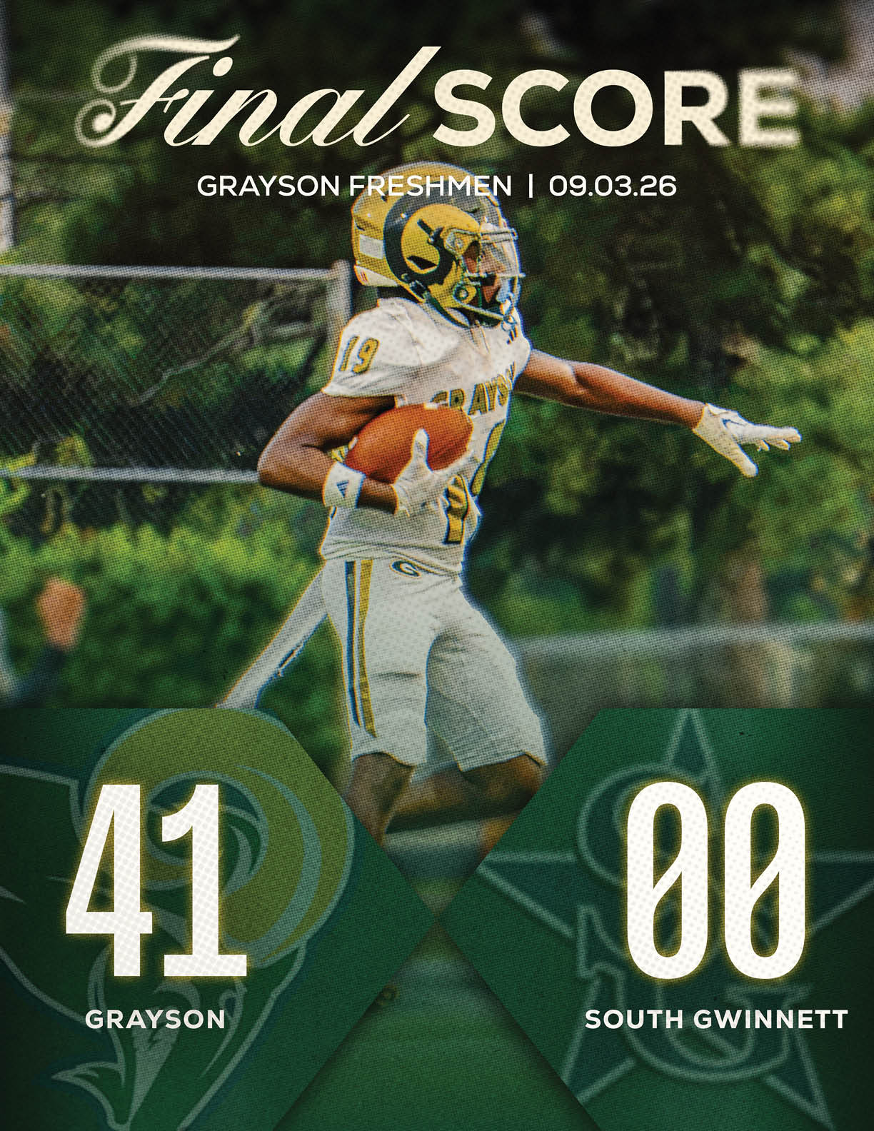 A person in a football uniform is running on a field holding a football with a scoreboard showing Grayson leading South Gwinnett with a final score. Description generated by AI