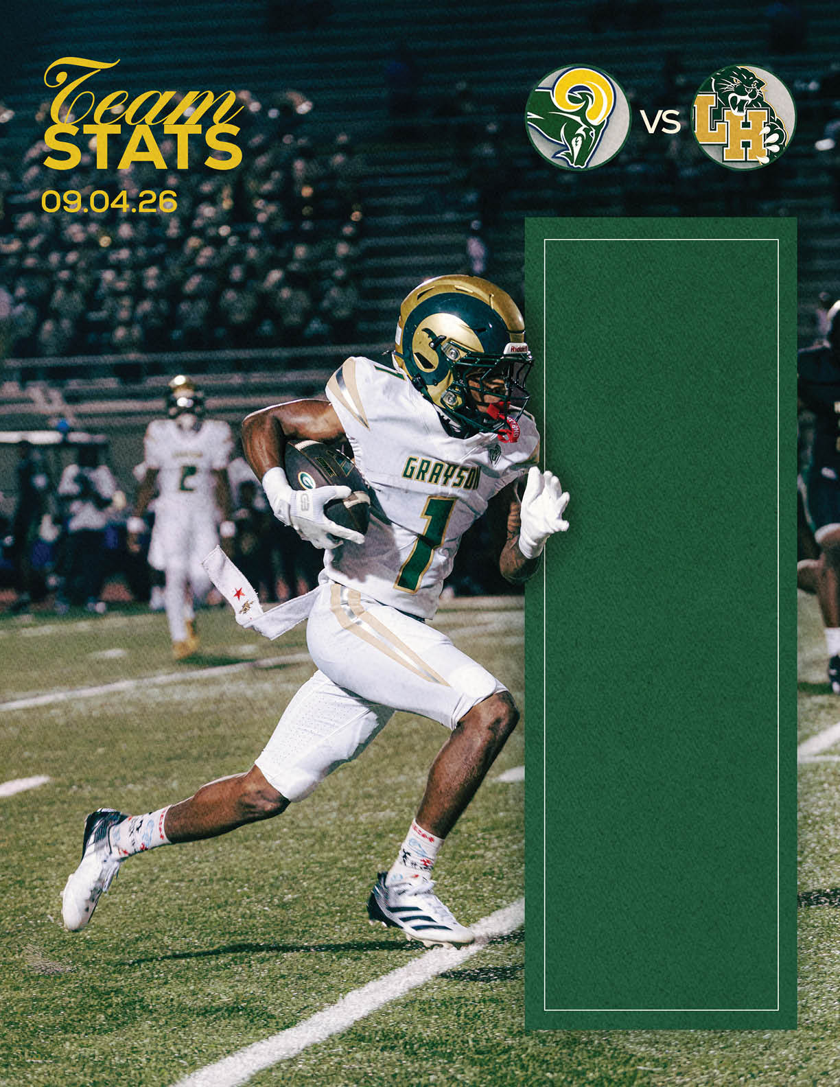 A person in a white football uniform with the word Grayson on the jersey is running on a football field holding a football, with a blurred crowd and other players in the background and a green box on the right side of the image. Description generated by AI