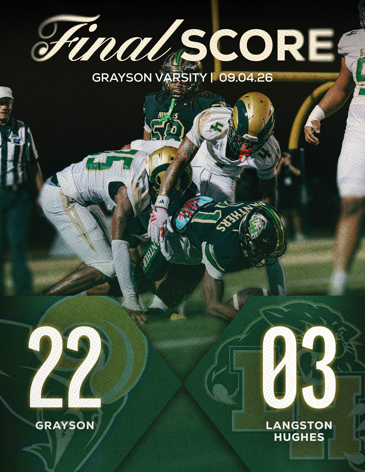 A scoreboard shows the final score of a high school football game with Grayson Varsity defeating Langston Hughes, while players in football uniforms are engaged in a tackle on the field. Description generated by AI