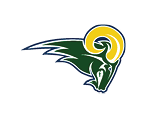 A stylized green ram's head with large yellow curved horns on a dark blue background. Description generated by AI