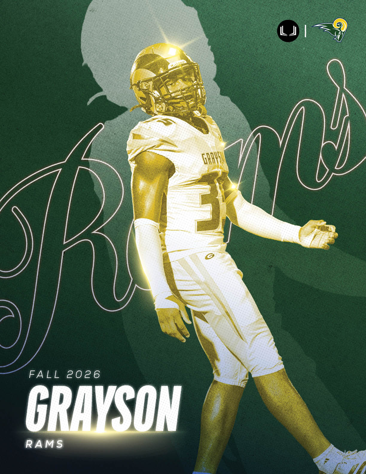 A person in a white football uniform with gold helmet and glowing highlights poses dynamically against a green background with the text “Fall 2026 Grayson Rams." Description generated by AI