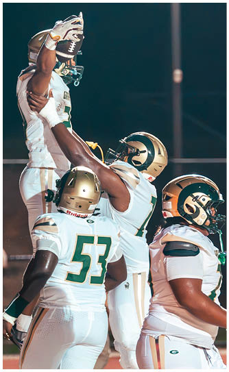 An adult wearing a white football uniform with green pants and helmet is standing on a football field with other players and a crowd in the background. Description generated by AI