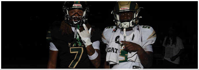 Two football players in white and green uniforms are on the field with a crowd of people in the background. Description generated by AI