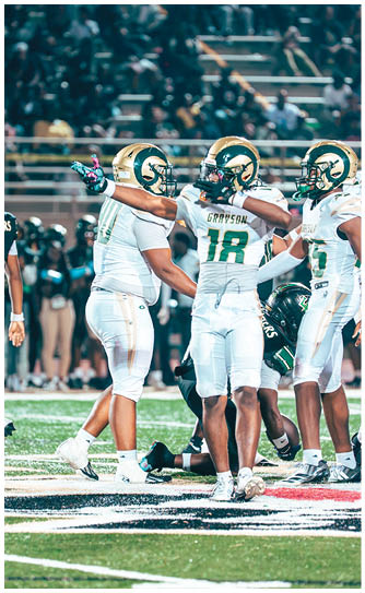 An adult wearing a white football uniform with green pants and helmet is standing on a football field with other players and a crowd in the background. Description generated by AI