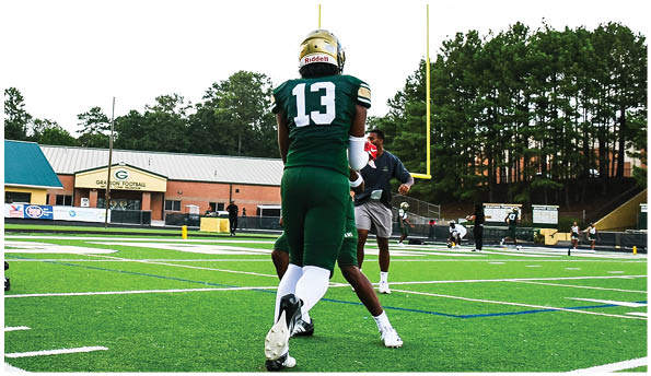 A person wearing white athletic pants and cleats is standing on a green football field with white yard lines. Description generated by AI