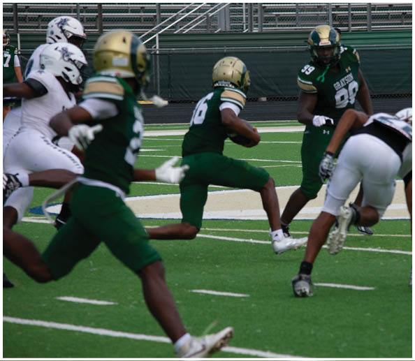 A person in a white football uniform with the number 12 and a gold helmet stands on a football field with blurred spectators and cheerleaders in the background. Description generated by AI